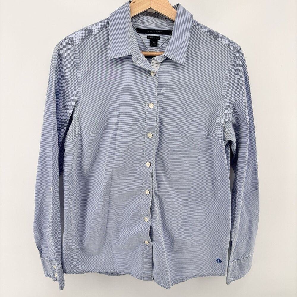 Tommy Hilfiger Women's S/P Relaxed Fit Blue White Stripe Cotton Shirt